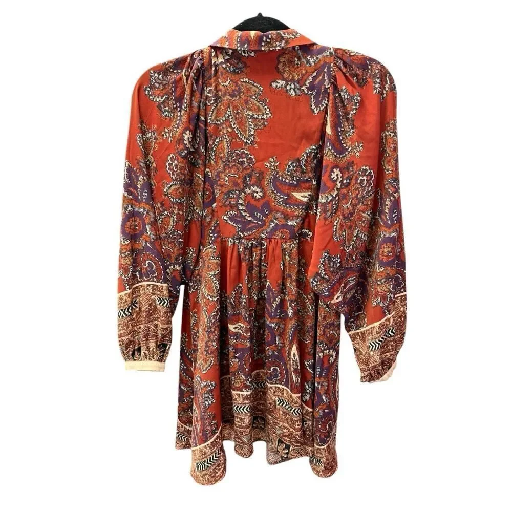 Free People Say You Love Me Mini Dress XS Orange Paisley Boho Long Sleeve Fall